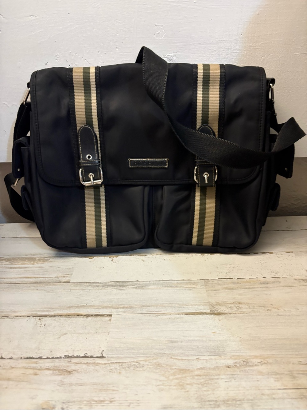 Rosetti Black Tote Messenger with Tan and Cream Stripes